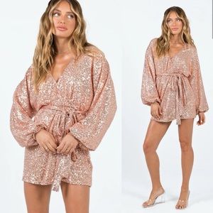Princess Polly Dancing Queen Sequin Long Sleeve Mini Dress Rose Gold Champagne